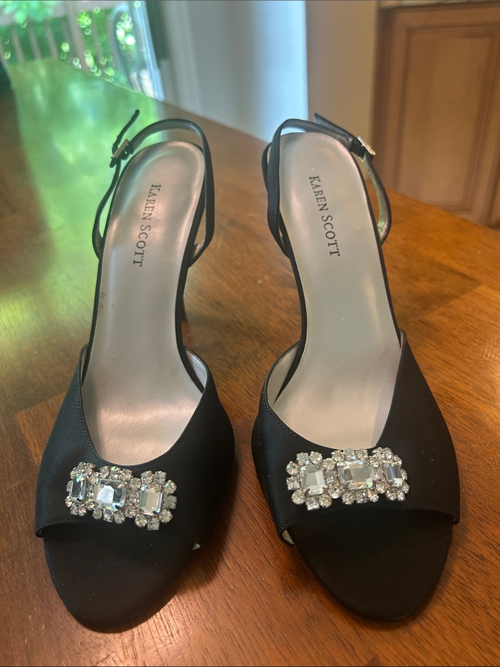 Karen Scott Black Jeweled Open-Toe Slingback Heels